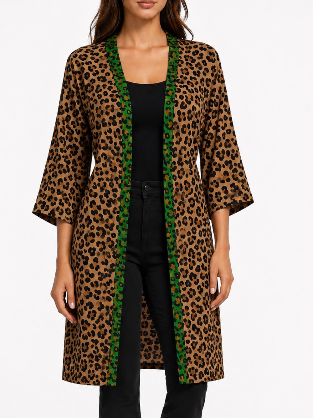 free press Leopard Print kimono with Green Trim
